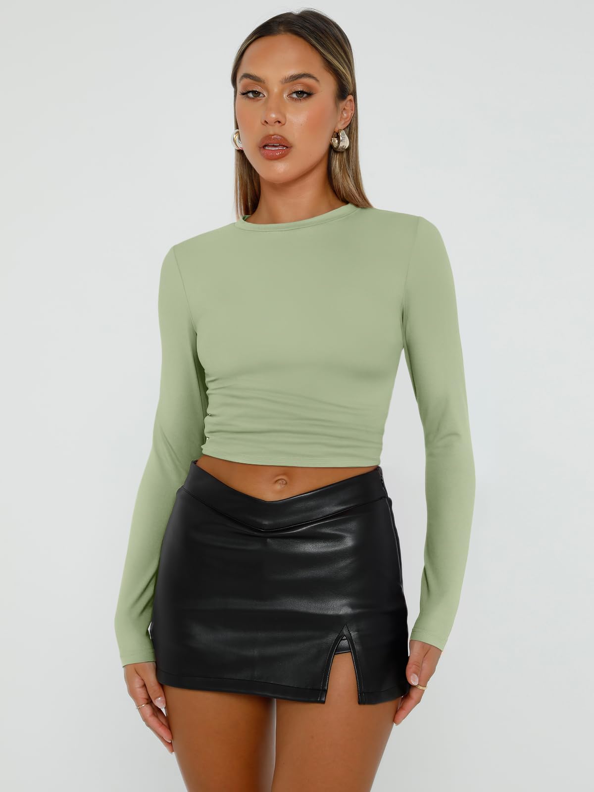 Trendy Queen Womens Long Sleeve Shirts Basic Spring Crop Tops Tees Tight Slim Fit Cute Going Out Outfits Teen Girls Fall Winter Y2k Clothes 2024 Light Green XS