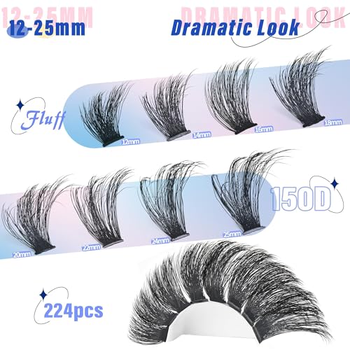 Lash Clusters Kit 12-25mm Thick Cluster Eyelash Extensions Kit 224Pcs 150D Volume Individual Lashes with Lash Bond and Seal Wispy D Curly Waterproof Matte Black False Eyelashes, by Yaiseiko