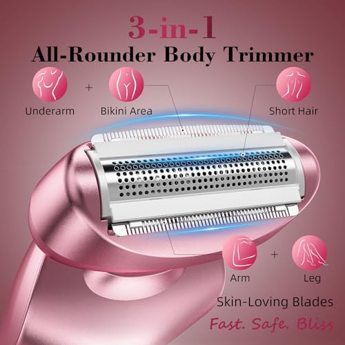 Cordless Electric Razors for Women: Rechargeable Painless Bikini Trimmer for Body Hair - IPX7 Waterproof Shaver with LED Display for Face/Underarm/Leg Blush Pink