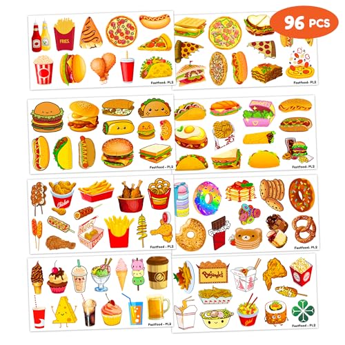 96 PCS Cute French Fast Food Hamburger Fries Pizza Temporary Tattoos Themed Birthday Party Decorations Supplies Favors Decor Yummy Tattoo Stickers Gifts For Kids Boys Girls School Prizes Carnival