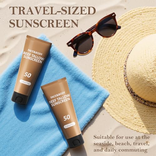 Beef Tallow Sunscreen, Sunscreen for Face, Natural Reef Safe Sunblock for Face Body, Non Greasy Clean Travel Sun Screen Sunblock for Sunmmer Outdoor Travel, 2.46 OZ