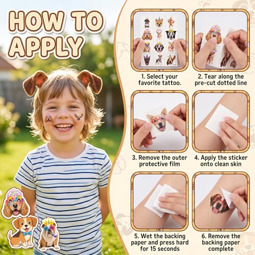 96 PCS Dog Temporary Tattoos for Kids | Waterproof Puppy Party Favors