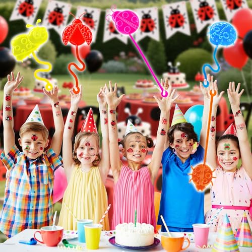 48PCS Ladybug Party Favors - 24PCS Temporary Tattoos & 24PCS Stick Hands Party - Perfect Birthday Party Supplies, Goodie Bag Stuffers, Treasure Box Toys, Classroom Prizes, and Student Gifts