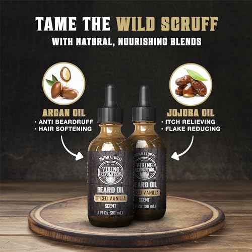 Viking Revolution Beard Oil for Men - All Natural Beard Oil Spiced Vanilla Scent with Argan Oil & Jojoba Oil Beard Conditioner and Softener - Strengthens Beards and Mustaches for Men (2 Pack)
