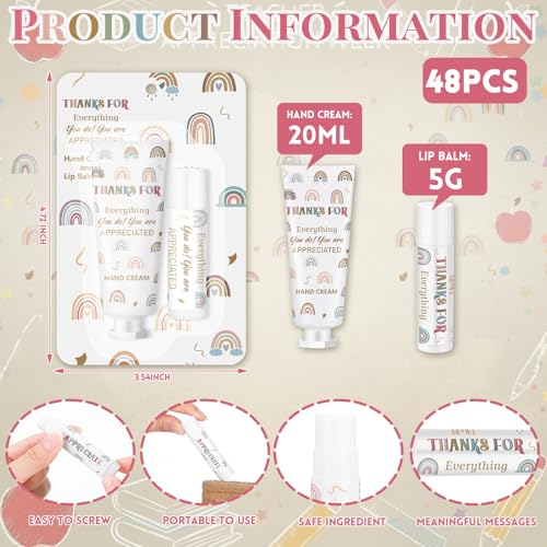 Loopeer 48 Set/ 96 Pcs Teacher Appreciation Gift Bulk Boho Rainbow Lip Balm Hand Cream Lotion Set Small Thank You Gifts Party Favors for Women Employee Coworker Staff Galentine's Day