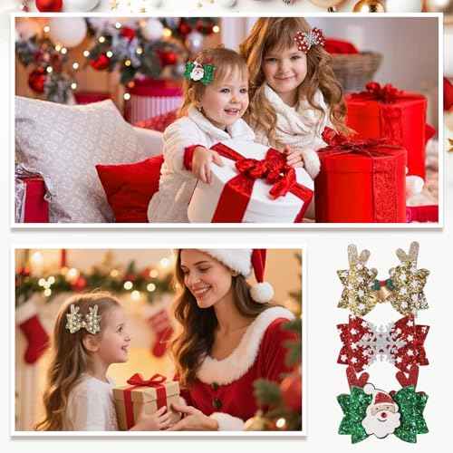 choicbaby 6pcs Christmas Hair Bows Clips 3" Glitter Sequin Baby Girl Hair Bows Christmas Bell Snowflake Santa Hair Accessories for Baby Girls Toddler Kids