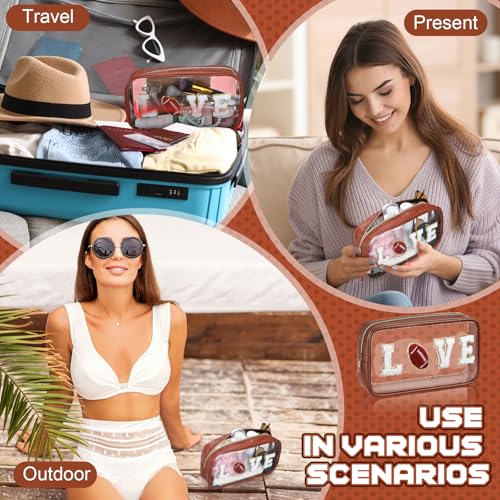 6 Pcs Football Gifts for Team Clear Makeup Bag with Chenille Letter Patch Sport Goodie Clear PVC Pouch Organizer Waterproof Travel Toiletry Bags for Sports Party Favors Supplies