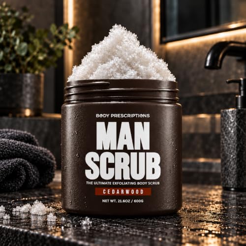 Body Prescriptions Men’s Exfoliating Body Scrub Cedarwood 21 oz – All Skin Types, Twist-Top Jar