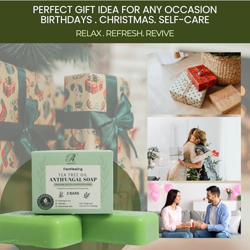 Romancy Tea Tree Soap Bar for Face & Body (2 Pack) ? Tea Tree Oil Cleansing Handmade Bars for Acne-Prone & Itchy Skin, Helps Control Body Odor, Gentle Daily Cleanser, Gift Ready