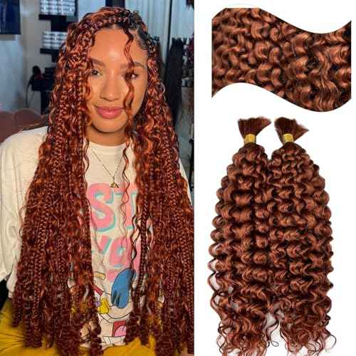 Human Braiding Hair for Boho Braids 24 Inch 100G #30 Auburn Brown Deep Water Wave Boho Human Hair Curly Braiding Bundles No Weft Wet and Wavy Brown Bulk Human Hair for Knotless Braids