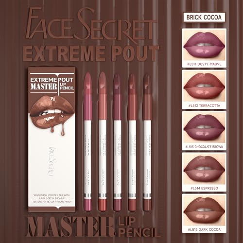 Matte Lip Liner Set - 5PC Brick Red & Cocoa Brown with Brush