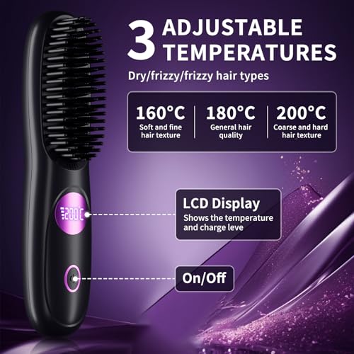 Cordless Portable Hair Straightener Brush with LCD Display & 3 Heat Settings