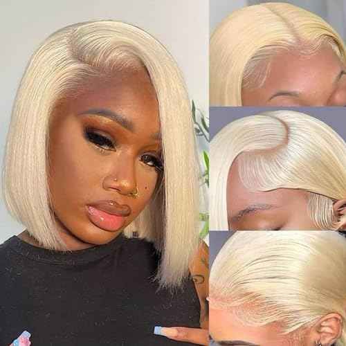 613 Blonde Short Bob Wig Human Hair 13x4 HD Transparent Lace Front Wigs Human Hair Pre Plucked with Baby Hair Glueless Wigs Human Hair 180% Density Straight 613 Bob Wigs for Women 8 Inch