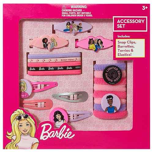 Luv Her Girls' Hair Accessories Set - 20 Pack Featuring Barbie - Includes 3 Barrettes, 4 Snap Clips, 5 Elastics, 8 Terry Ponies - Everyday Wear, Special Occasions, Ages 3+