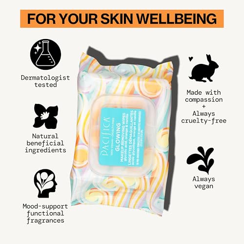Pacifica Glowing Makeup Remover Wipes with Glycolic Acid - 30 Count, No Rinse Facial Cleansing Towelettes