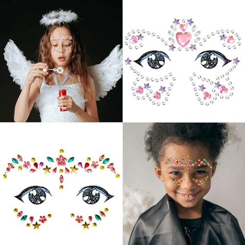 Kids Festival Face Jewels Gems ? 4 Pack Sparkly Face Stickers & Crystal Temporary Tattoos ? Fun Rhinestone Makeup for Girls for Halloween, Birthday, Christmas & Dress-Up Play