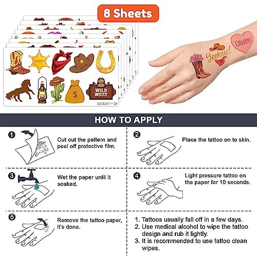 Cowboy First Temporary Tattoos 8 Sheets 78 PCS Western Party Decorations Supplies Favors Horse Rodeo Theme Birthday Cute Stickers Christmas Gifts for Boys Girls Class School Prizes Carnival
