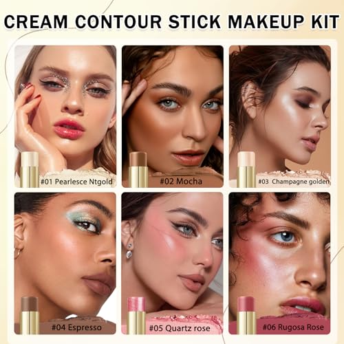 IONSGAKO 6-Color Cream Contour Stick Kit with Highlighter & Blush