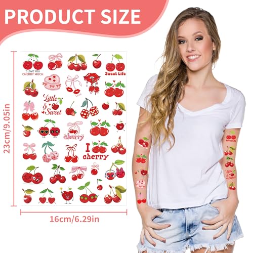 Cherries Party Temporary Tattoos - 280 Pcs Funny Fruit Themed Birthday Party Favors, Cute Cherries Designs Party Supplies Decorations(8 Sheets)