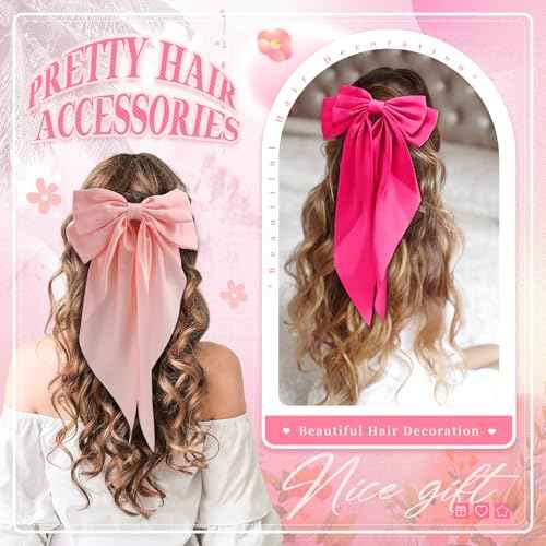 6 Pcs Coquette Large Pink Bow for Girls Women Oversized Long Tail Clip Barrette Ribbons Satin Bows Cute Bowknot Hair Accessories Gift for Birthday Galentine's Day Holidays