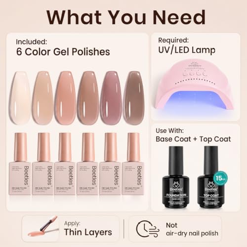 Beetles Nude Gel Nail Polish Set - 6 Colors Sheer Neutral Jelly UV Gel Kit