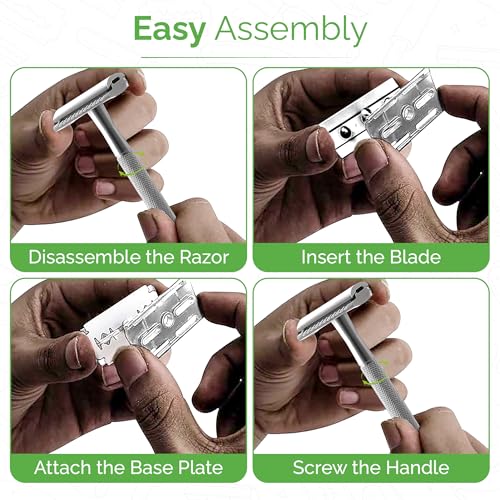 Double Edge Safety Razor - Single Shaving Metal Razors With 10 Platinum Coated Stainless Steel Double Edge Blades Reusable Eco And Travel Friendly Saftey Shaver Blade Set Men Women (Silver, Single)