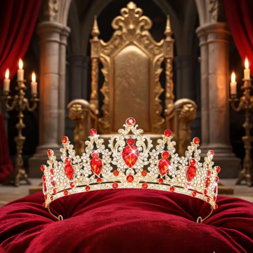 Queen Rhinestone Crown for Women - Gold & Red Bridal Tiara