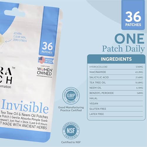 Zovira Invisible Daytime Acne Pimple Patch 36 Count, Niacinamide, Salicylic Acid, Tea Tree and Neem Oil, Suitable for Sensitive Skin, Tapered Edges Blend into All Skin Tones, Reduce Redness