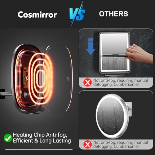 COSMIRROR Heated Shower Mirror Fogless for Shaving, Fog Free Shaving Mirror with 2 Razor Holders, Rechargeable No Fog Mirror for Shower, 360¡Æ Adhesive Mounted Steam Free Shower Mirror Without Light