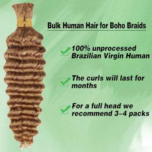 Deep Wave Bulk Human Braiding Hair 100g 14 Inch 2 Bundles Blonde Human Braid Hair for Boho Braids No Weft Color 27 Curly Brazilian Braiding Hair Extensions for Micro Braid