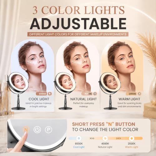 WOOCICA 10X Lighted Vanity Mirror with 2000mAh Battery, 9-Inch 360° Rotating 3-Color LED - Black (10x Black 2000mah)