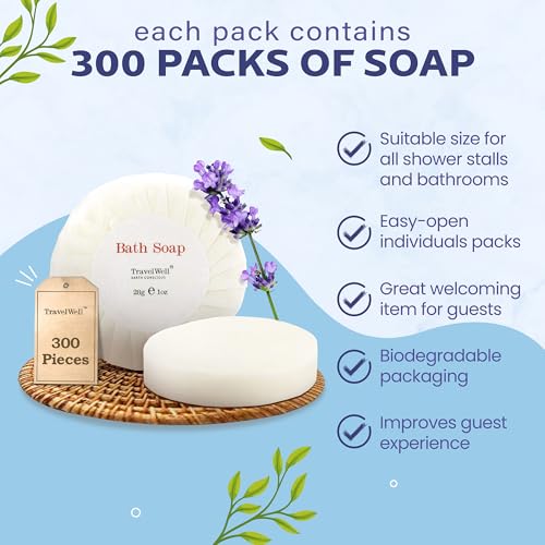 Travelwell Bar Soap Bulk - 1 oz, 300-Pack - Individually Wrapped Hotel & Travel Mini Soap Bars - For Vacation Rental and Airbnb Toiletries or Hygiene Kits Supplies