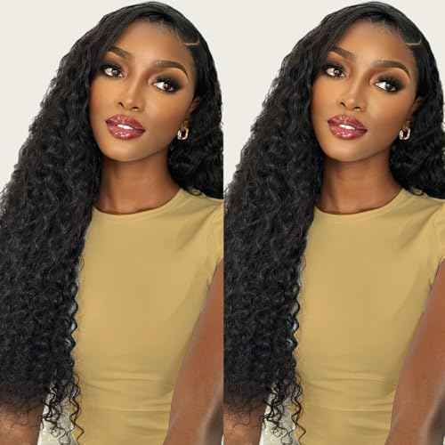 ONICE Glueless Wigs Human Hair Pre Plucked 5x5 HD Lace Closure Human Hair Wigs For Black Women 5x5 Curly Human Hair Wig Glueless Wear And Go Deep Wave Wig (Natural Black,18Inch)
