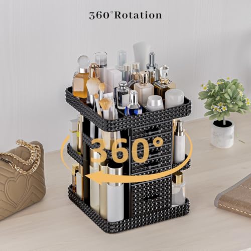 360 Rotating Makeup Organizer for Vanity, Large Skin Care Organizer with 6 Drawers Clear Acrylic Cosmetic Organizer Adjustable Spinning Makeup Storage Perfume Organizer for Dresser (Black)