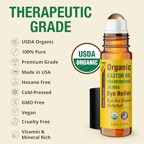 Seven Minerals Castor Oil Roll On Eye Roller for Under Eye Bags, Dark Circles & Wrinkles - Powerful Organic Blend of Castor, Frankincense & Jojoba - Brighten, and Revitalize Skin & Face - 0.33 fl oz