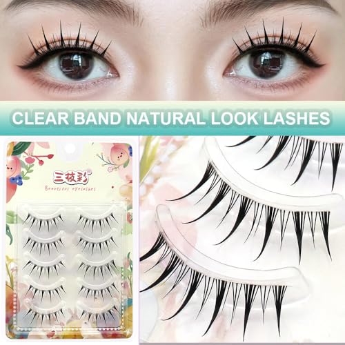 Fake Eyelashes Natural Look False Eye Lashes Daily Strip Cross Clear Band 9-11mm Cross Lashes Invisible Thin band Cute Lash for Wedding Daily Work Manga Eye Makeup 5 Pairs L01