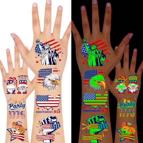 HOWAF 96pcs Glow in The Dark 4th of July Temporary Tattoos for Independence Day USA Patriotic Party Decorations, American Themed Luminous Face Tattoos for July 4th Party Favors Goodie Bag Fillers
