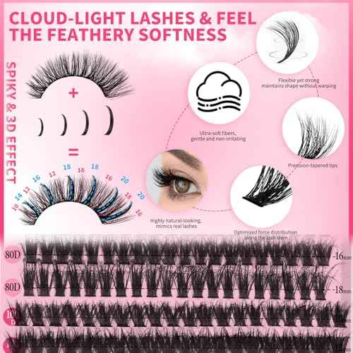 PROLASHBEAUTY Lash Clusters with Spikes Lash Clusters Kit 3D Style Individual Lashes Kit with Bond and Seal Lash Tweezers Remover Easy to Apply at Home (80D+100D-D-10-18mix)