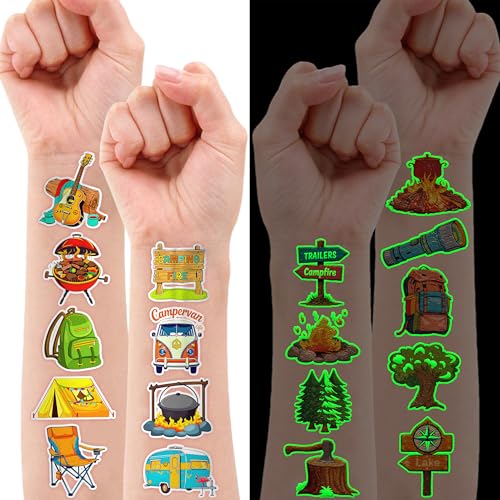 96 Glow in Dark Camping Temporary Tattoos for Kids