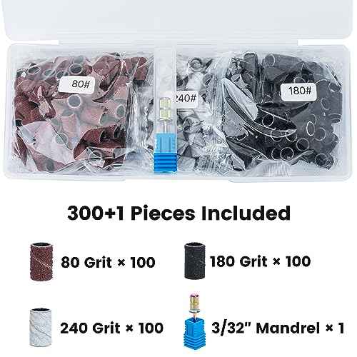 Delanie 300 Pcs #80#180#240 Sanding Bands for Electric Nail Drill Machines with Mandrel Bit, Professional Manicure Nail Salon Supplies, Fine Medium Coarse Grit