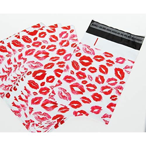 Lips Poly Mailers Red Kiss for Make Up Lip Gloss LipStick Self Sealing Envelope Wide Lip Print Waterproof Shipping | Pack of 25 | Size 10 x 6.75 inches