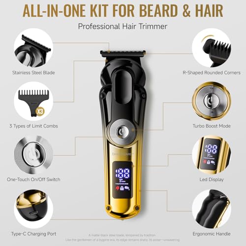 Professional Beard Trimmer for Men - Zero Gapped T-Blade Hair Trimmer,Cordless Hair Clippers,Precision Edgers Barber Clippers for Hair Cutting & Grooming with LED Display,3 Guide Combs