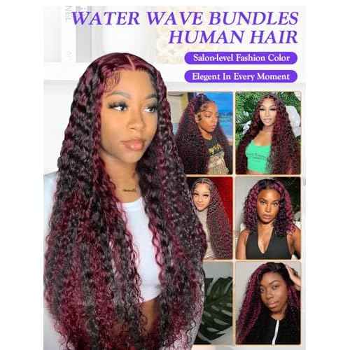 Water Wave 1B/Burgundy Red Human Hair Bundles 12 Inch, Wet and Wavy Ombre Burgundy Highlight Skunk Stripe Red Curly Bundles, Balayage Bundles Sew In Weave 12A 100% Brazilian Raw Virgin Hair, Single