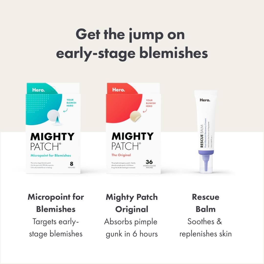 Hero Cosmetics Mighty Patch Micropoint™ for Blemishes - Hydrocolloid Acne Spot Treatment Patch for Early Stage Zits and Hidden Pimples, 395 Proprietary Micropoints (8 Count)