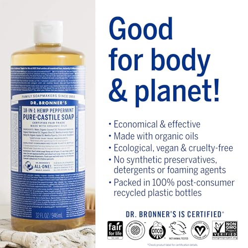 Dr. Bronner’s - Pure-Castile Liquid Soap (Peppermint, 25 ounce) - Made with Organic Oils, 18-in-1 Uses: Face, Body, Hair, Laundry, Pets and Dishes, Concentrated, Vegan, Non-GMO (2-Pack)