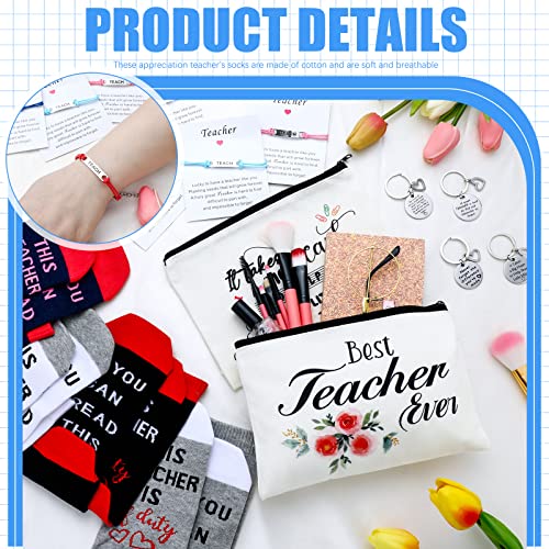 Funtery 16 Pcs Teacher Appreciation Gift Set 4 Cosmetic Bags 4 Keychains 4 Blessing Card Bracelets, 4 Pair Socks