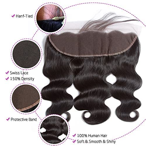 13 x 4 Lace Frontal Closure Body Wave Frontal 13 x 4 HD Transparent Lace Frontals With Bangs Baby Hair 100% Remy Human Hair 150% Density Natural Color (10 Inch)