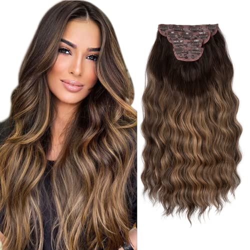 Yacurcur Clip in Hair Extensions 4PCS Synthetic Long Wavy Hairpieces Thick Fiber Double Weft Hair Extensiosns for Women