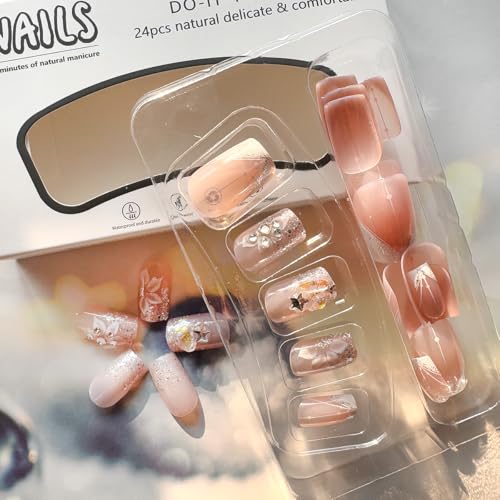 Short Square French Tip Press on Nails - White Flower & Star Design (24 Pcs)