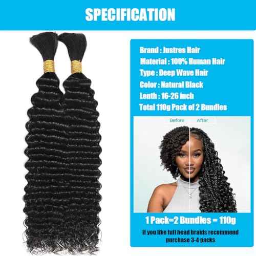 Human Braiding Hair Boho Braids Human Hair 110g 20 Inch Deep Water Wave Bulk Human Hair for Braiding No Weft Bundle 12A Brazilian Virgin Curly Hair Extensions Wet and Wavy Human Braiding Hair
